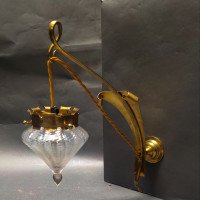 WAS Benson. Rare pair of brass wall lights with the original Powell flint shades - Thumbnail 6