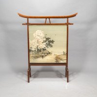 Edward William Godwin. A Rare & Important Anglo-Japanese Walnut & Silk Fire Screen in the Japanese Torii Gate Style - Thumbnail 2