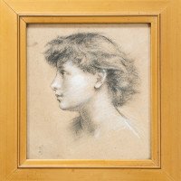 Sir Edward J. Poynter. A Pre-Raphaelite Charcoal Study of a Young Girl in the Style of Edward Burne Jones - Thumbnail 3