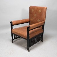 E. W. Godwin Design. attributed. An Anglo-Japanese Armchair with Slightly Curved Pagoda Shaped Arms & Fine Lattice Detailing - Thumbnail 3