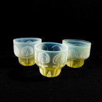 Arts and Crafts, c.1900 Set of Three Peacock Feather Vaseline Glass Shades - Thumbnail 2