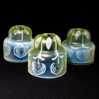 Arts and Crafts, c.1900 Set of Three Peacock Feather Vaseline Glass Shades