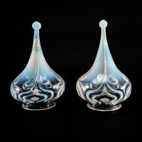 Arts and Crafts Vaseline Glass Teardrop Shades – Stylised Peacock Motifs - Thumbnail 1