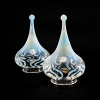 Arts and Crafts Vaseline Glass Teardrop Shades – Stylised Peacock Motifs - Thumbnail 2