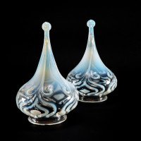 Arts and Crafts Vaseline Glass Teardrop Shades – Stylised Peacock Motifs - Thumbnail 3