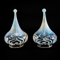 Arts and Crafts Vaseline Glass Teardrop Shades – Stylised Peacock Motifs - Thumbnail 4