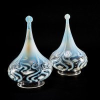 Arts and Crafts Vaseline Glass Teardrop Shades – Stylised Peacock Motifs - Thumbnail 5