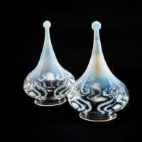Arts and Crafts Vaseline Glass Teardrop Shades – Stylised Peacock Motifs - Thumbnail 6
