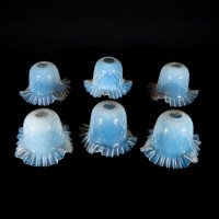 A Set of Six Opalescent Blue Vaseline Glass Shades with Textured Design & Delicately Ruffled Edges - Thumbnail 1