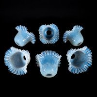 A Set of Six Opalescent Blue Vaseline Glass Shades with Textured Design & Delicately Ruffled Edges - Thumbnail 2