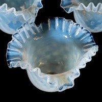 A Set of Six Opalescent Blue Vaseline Glass Shades with Textured Design & Delicately Ruffled Edges - Thumbnail 13