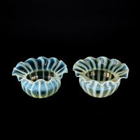 Pair of Vaseline Glass Shades with Radiating Stripes and Ruffled Rims c.1900 - Thumbnail 3