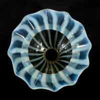 Pair of Vaseline Glass Shades with Radiating Stripes and Ruffled Rims c.1900 - Thumbnail 5