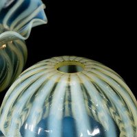 Pair of Vaseline Glass Shades with Radiating Stripes and Ruffled Rims c.1900 - Thumbnail 8