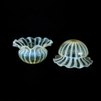 Pair of Vaseline Glass Shades with Radiating Stripes and Ruffled Rims c.1900 - Thumbnail 9