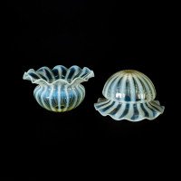 Pair of Vaseline Glass Shades with Radiating Stripes and Ruffled Rims c.1900 - Thumbnail 11