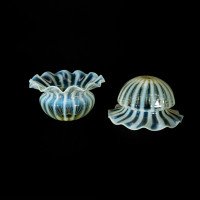 Pair of Vaseline Glass Shades with Radiating Stripes and Ruffled Rims c.1900 - Thumbnail 15