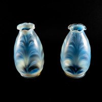 A Pair of Opalescent Glass Shades with Striking Feathered Patterns & a Flared Petal-Shaped Rim - Thumbnail 1