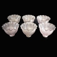 Set of Six Clear Ribbed Glass Shades with Bell Shape and Ruffled Rims c.1900 - Thumbnail 4
