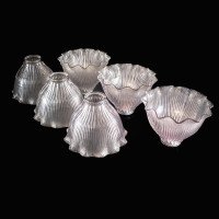 Set of Six Clear Ribbed Glass Shades with Bell Shape and Ruffled Rims c.1900