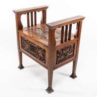 A. W. Simpson, attributed. Arts & Crafts Oak Piano Stool with Carved Floral Decoration - Thumbnail 4