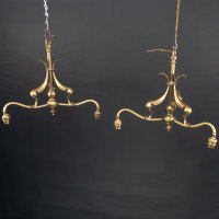 Arts and Crafts – Pair of Brass Three-Branch Ceiling Lights, c.1900 - Thumbnail 2