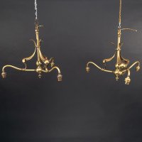 Arts and Crafts – Pair of Brass Three-Branch Ceiling Lights, c.1900 - Thumbnail 3