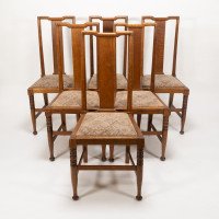Morris & Co., Designed in the Offices of Richard Norman Shaw, Possibly by W. Lethaby. Six Arts and Crafts Oak Dining Chairs - Thumbnail 2
