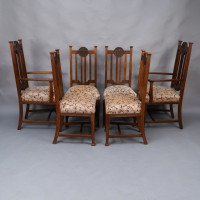 Set of Six English Arts & Crafts Oak Dining Chairs with Carved Floral Roundels - Thumbnail 2