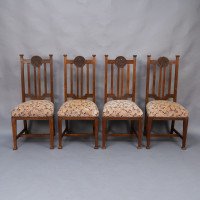 Set of Six English Arts & Crafts Oak Dining Chairs with Carved Floral Roundels - Thumbnail 3