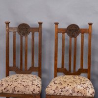 Set of Six English Arts & Crafts Oak Dining Chairs with Carved Floral Roundels - Thumbnail 6
