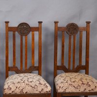 Set of Six English Arts & Crafts Oak Dining Chairs with Carved Floral Roundels - Thumbnail 7