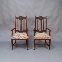 Set of Six English Arts & Crafts Oak Dining Chairs with Carved Floral Roundels - Thumbnail 9