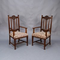 Set of Six English Arts & Crafts Oak Dining Chairs with Carved Floral Roundels - Thumbnail 10
