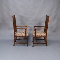 Set of Six English Arts & Crafts Oak Dining Chairs with Carved Floral Roundels - Thumbnail 8