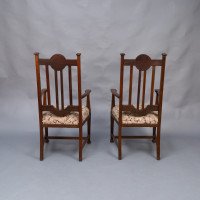 Set of Six English Arts & Crafts Oak Dining Chairs with Carved Floral Roundels - Thumbnail 12