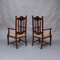 Set of Six English Arts & Crafts Oak Dining Chairs with Carved Floral Roundels - Thumbnail 13