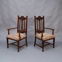 Set of Six English Arts & Crafts Oak Dining Chairs with Carved Floral Roundels - Thumbnail 15
