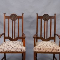 Set of Six English Arts & Crafts Oak Dining Chairs with Carved Floral Roundels - Thumbnail 16
