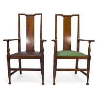Morris & Co., Designed in the Offices of Richard Norman Shaw, Possibly by W. Lethaby. Pair of Arts and Crafts Oak Dining Armchairs - Thumbnail 1