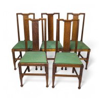 Morris & Co., Designed in the Offices of Richard Norman Shaw, Possibly by W. Lethaby. Five Arts and Crafts Oak Dining Chairs