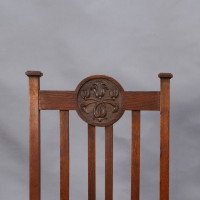 Set of Six English Arts & Crafts Oak Dining Chairs with Carved Floral Roundels - Thumbnail 5