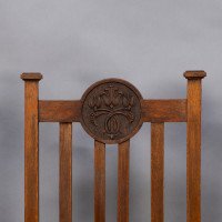 Set of Six English Arts & Crafts Oak Dining Chairs with Carved Floral Roundels - Thumbnail 4