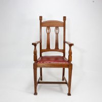 Shapland & Petter Substantial Arts & Crafts Oak Armchair with Floral Decoration - Thumbnail 5