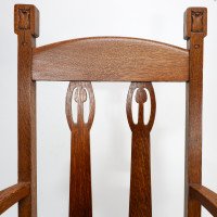 Shapland & Petter Substantial Arts & Crafts Oak Armchair with Floral Decoration - Thumbnail 15