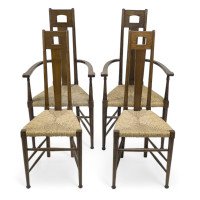 E G Punnett, attributed. For William Birch Set of Four Glasgow School Oak & Rush Chairs