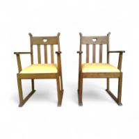 Pair of oak armchairs in the style of Liberty and Co. with heart cut-outs backs - Thumbnail 1