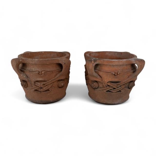 Archibald Knox. Liberty & Co. A rare & original pair of terracotta Olaf planters.