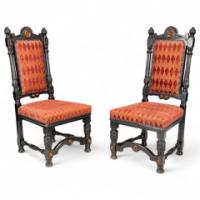 Lambs of Manchester. A rare pair of exhibition-quality Aesthetic Movement ebonized oak side chairs