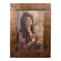 Arts and Crafts Hammered Copper Frame with Pre-Raphaelite Maiden
